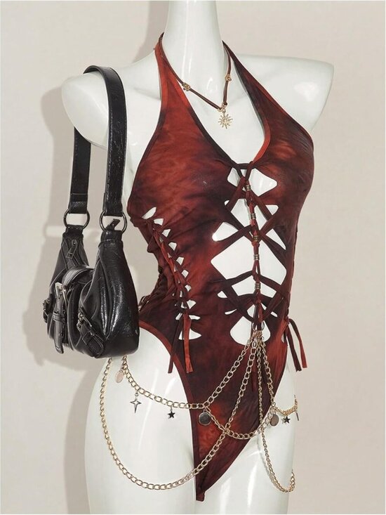 Tops - Women's Rust Brown Gothic Cut Out Lace Up Bodysuit Going Out Halter Neck Rave